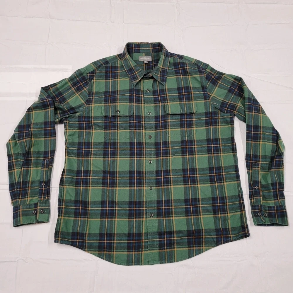 LL Bean Signature slim‎ fit green plaid flannel shirt size XL